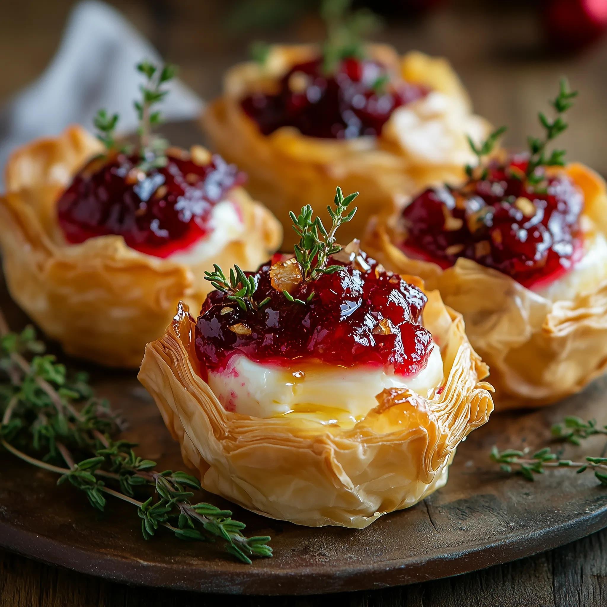 honey glazed brie and cranberry phyllo cups on decorative platter