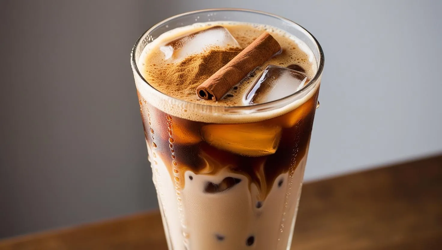 milky iced coffee with cinnamon in tall clear glass